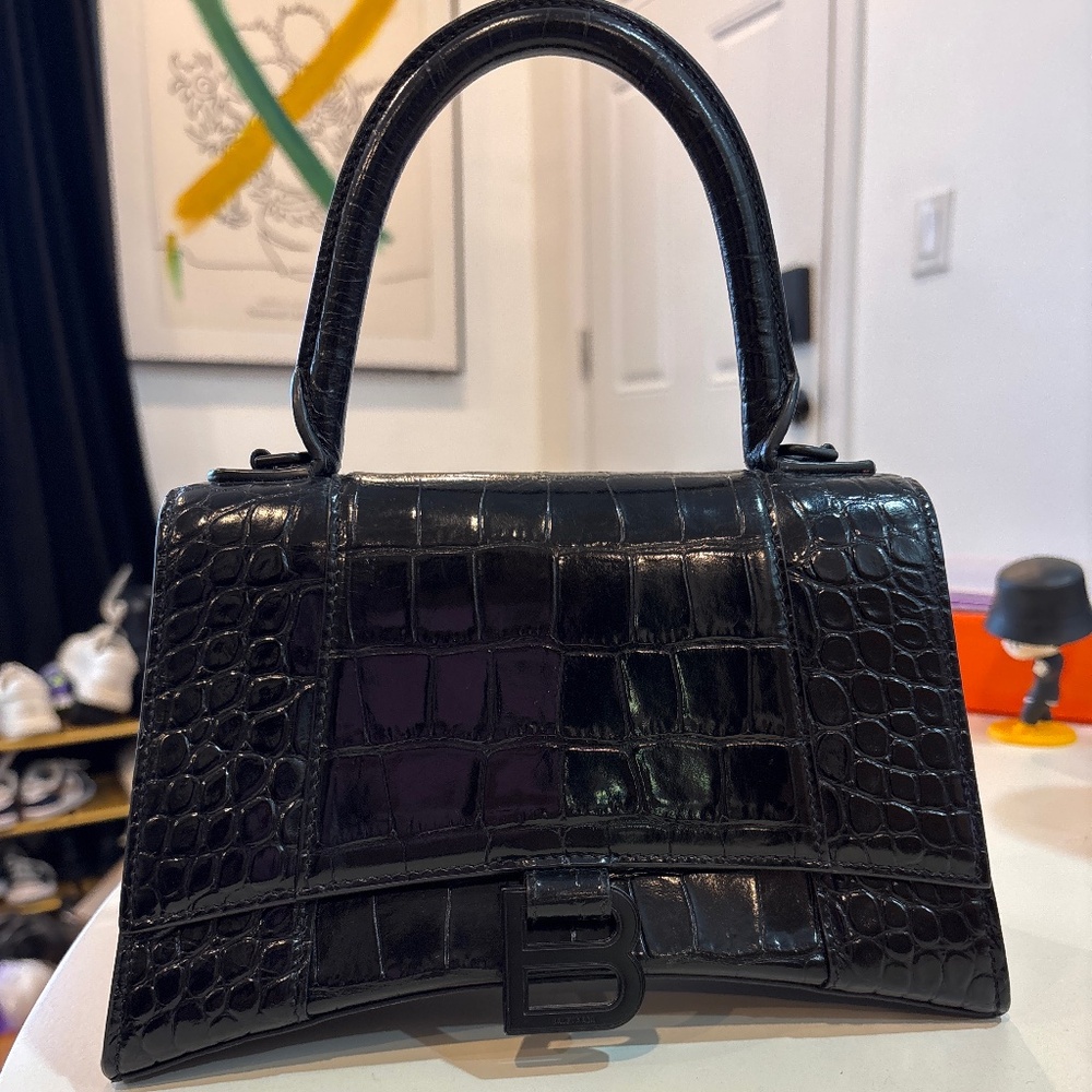 BALENCIAGA Hourglass XS Crocodile-Embossed Top Handle Bag